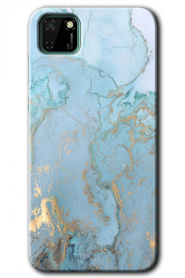 Huawei Y5P Kılıf HD Desen Baskılı Arka Kapak - Mavi Gold Mermer