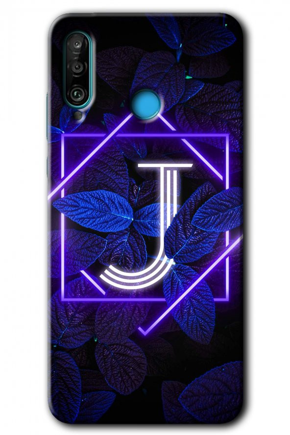 Huawei P30 Lite Kılıf HD Desen Baskılı Arka Kapak - Dark Neon Yaprak J Harfi