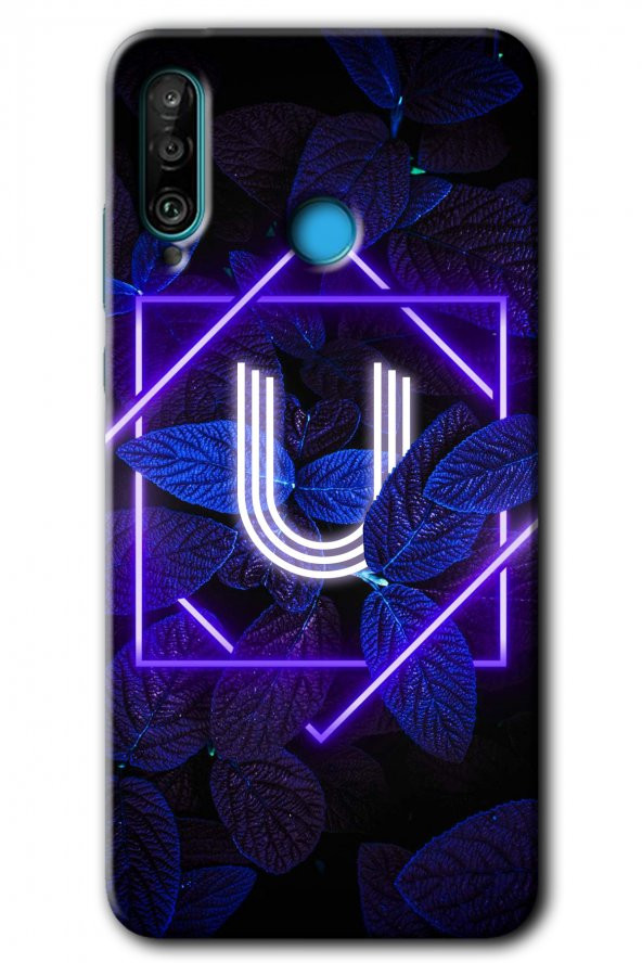 Huawei P30 Lite Kılıf HD Desen Baskılı Arka Kapak - Dark Neon Yaprak U Harfi