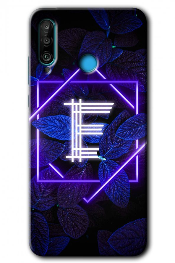 Huawei P30 Lite Kılıf HD Desen Baskılı Arka Kapak - Dark Neon Yaprak E Harfi