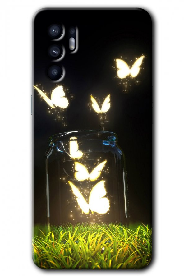 Oppo Reno 6 Kılıf HD Desen Baskılı Arka Kapak - Işıklı Kelebekler - 1