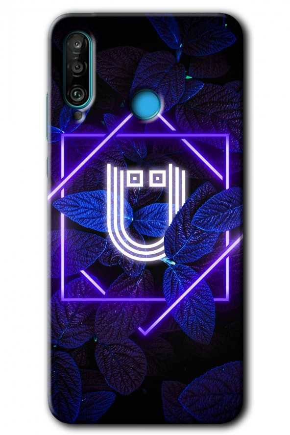 Huawei P30 Lite Kılıf HD Desen Baskılı Arka Kapak - Dark Neon Yaprak Ü Harfi