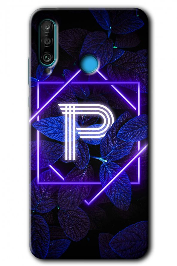 Huawei P30 Lite Kılıf HD Desen Baskılı Arka Kapak - Dark Neon Yaprak P Harfi
