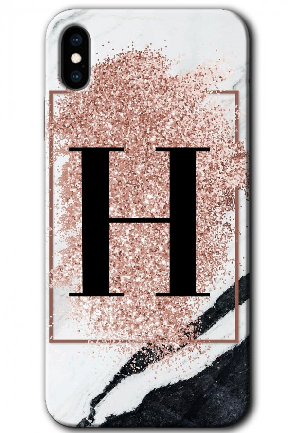 iPhone X Kılıf HD Desen Baskılı Arka Kapak - Pembe Mermer Desenli H Harfi - 1