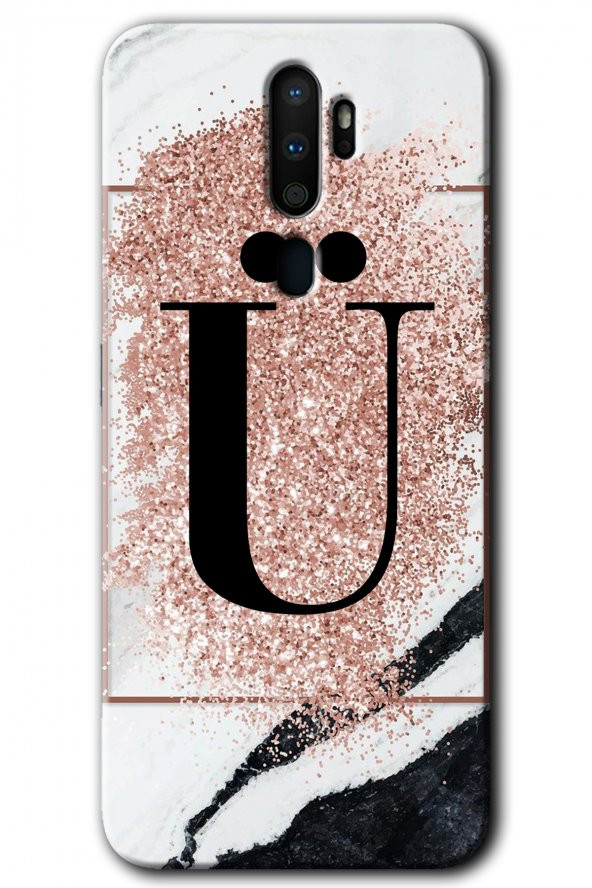 Oppo A5 2020 Kılıf HD Desen Baskılı Arka Kapak - Pembe Mermer Desenli Ü Harfi