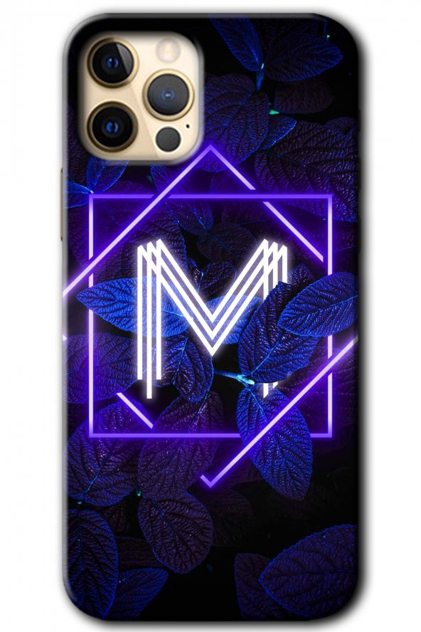 iPhone 11 Pro Max Kılıf HD Desen Baskılı Arka Kapak - Dark Neon Yaprak M Harfi