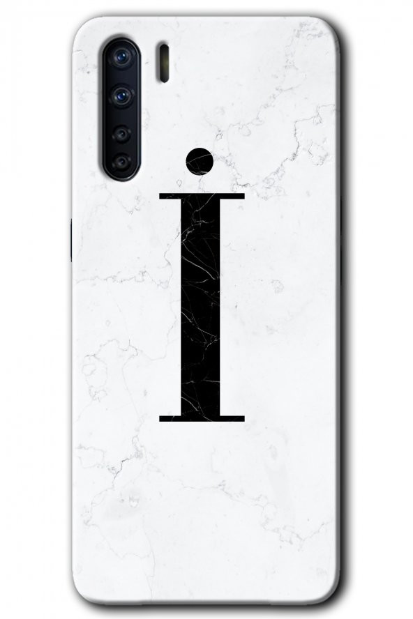 Oppo A91 Kılıf HD Desen Baskılı Arka Kapak - Beyaz Mermer Desenli İ Harfi