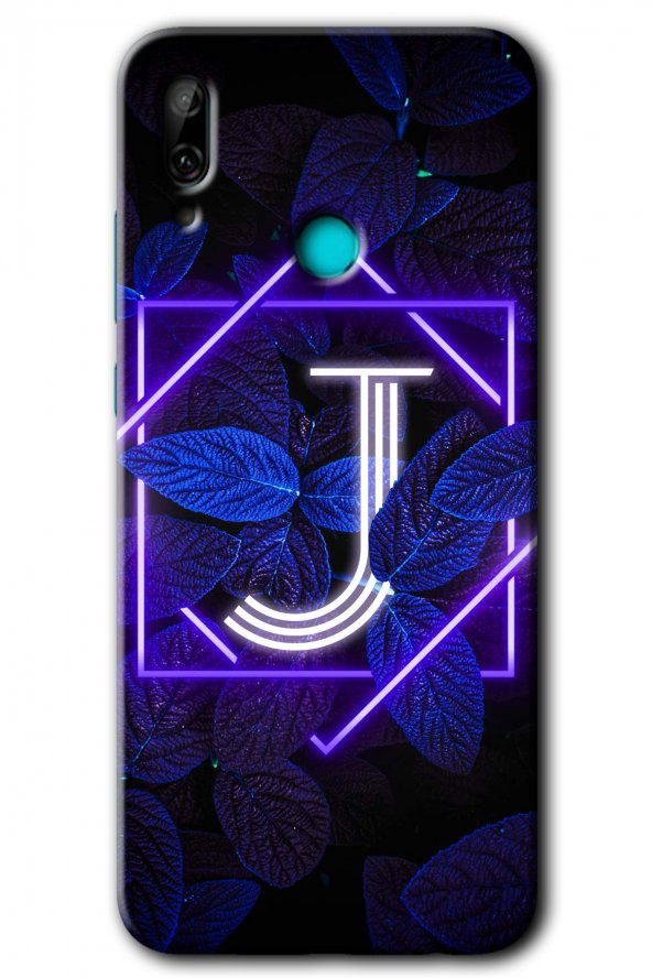 Huawei P smart 2019 Kılıf HD Desen Baskılı Arka Kapak - Dark Neon Yaprak J Harfi