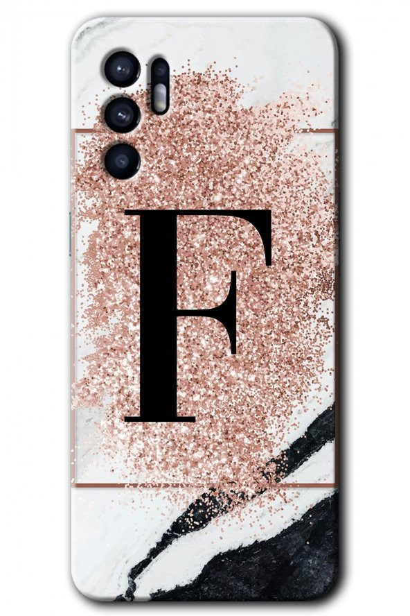 Oppo Reno 6 Kılıf HD Desen Baskılı Arka Kapak - Pembe Mermer Desenli F Harfi - 1