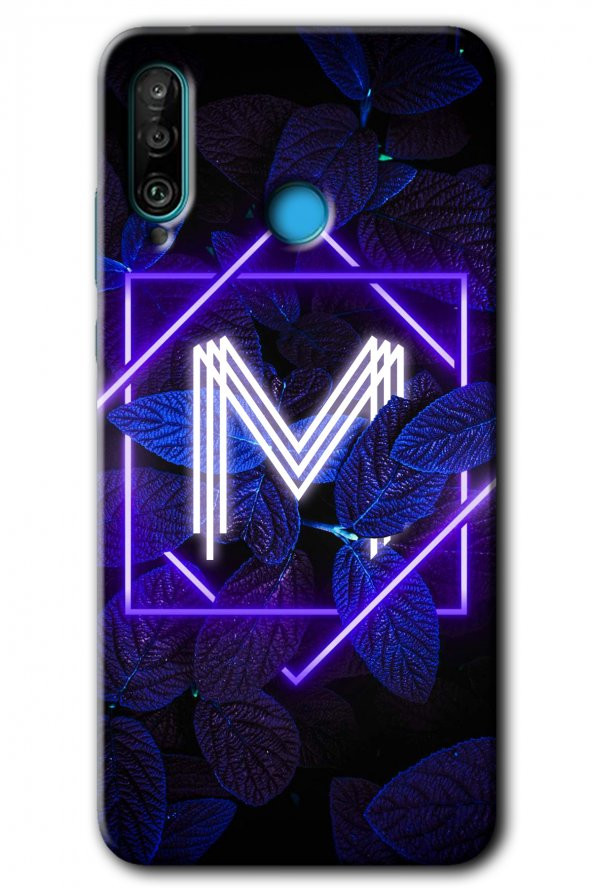 Huawei P30 Lite Kılıf HD Desen Baskılı Arka Kapak - Dark Neon Yaprak M Harfi
