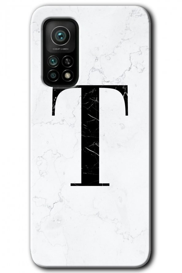 Xiaomi Mi 10T Pro Kılıf HD Desen Baskılı Arka Kapak - Beyaz Mermer Desenli T Harfi