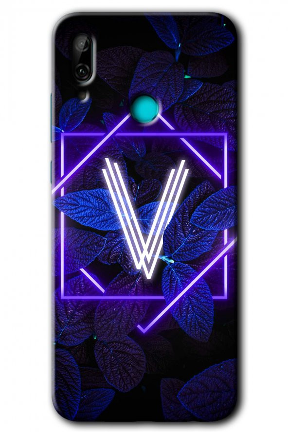Huawei P smart 2019 Kılıf HD Desen Baskılı Arka Kapak - Dark Neon Yaprak V Harfi