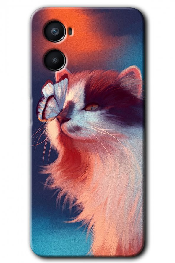 Oppo Reno 3 Kılıf HD Desen Baskılı Arka Kapak - Cat Butterfly - 1