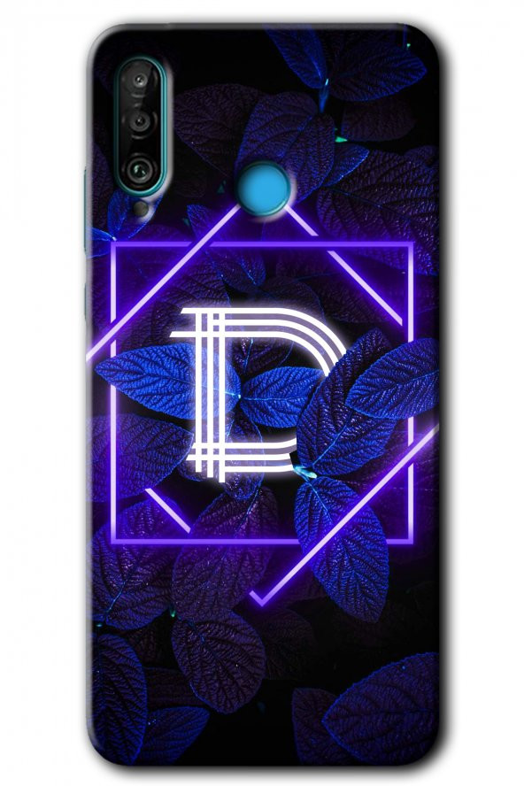 Huawei P30 Lite Kılıf HD Desen Baskılı Arka Kapak - Dark Neon Yaprak D Harfi