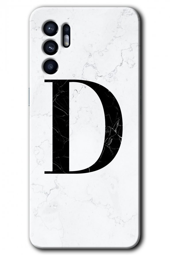 Oppo Reno 6 Kılıf HD Desen Baskılı Arka Kapak - Beyaz Mermer Desenli D Harfi - 1