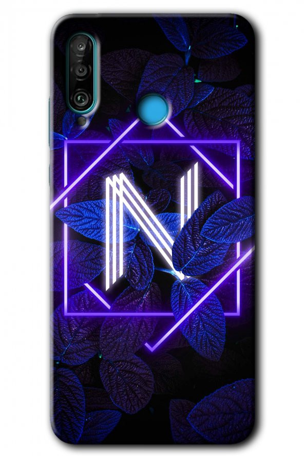 Huawei P30 Lite Kılıf HD Desen Baskılı Arka Kapak - Dark Neon Yaprak N Harfi
