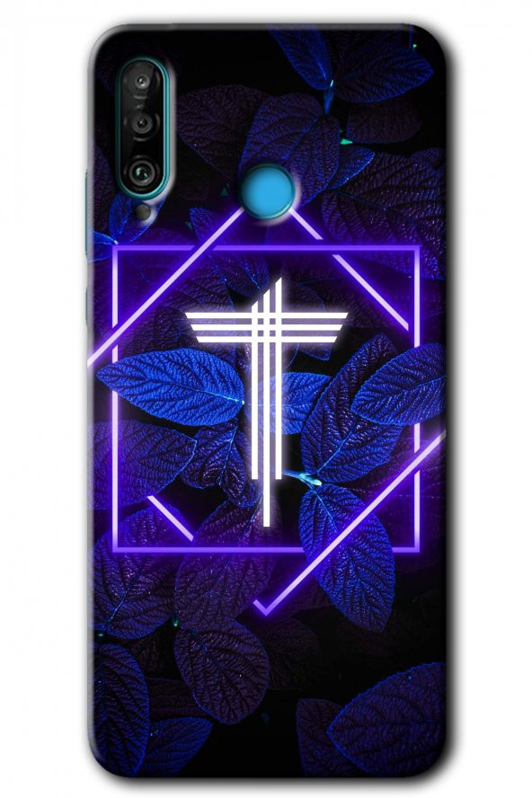 Huawei P30 Lite Kılıf HD Desen Baskılı Arka Kapak - Dark Neon Yaprak T Harfi