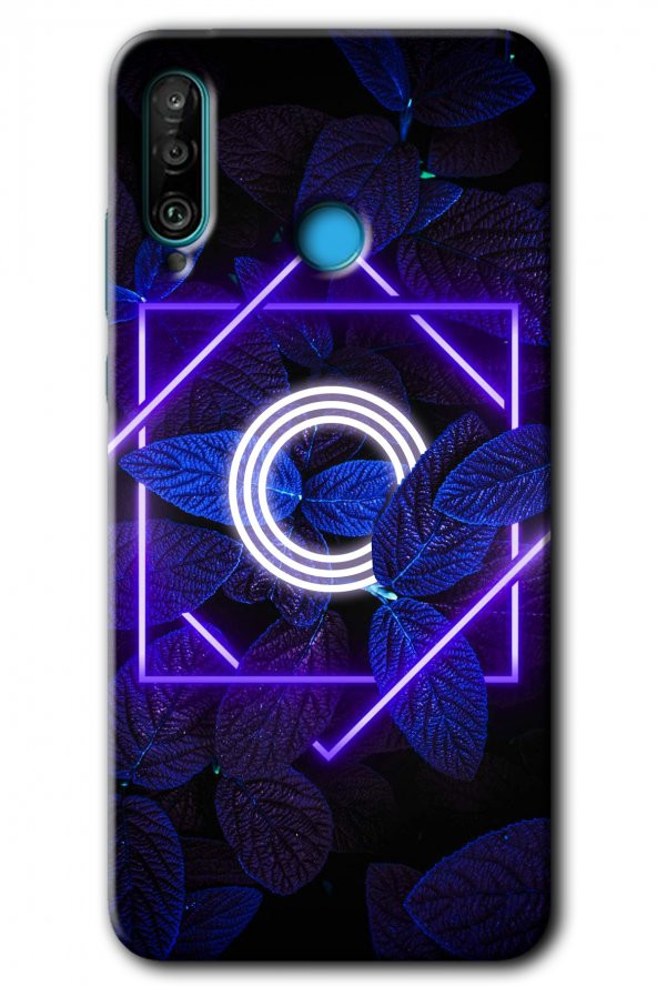 Huawei P30 Lite Kılıf HD Desen Baskılı Arka Kapak - Dark Neon Yaprak O Harfi