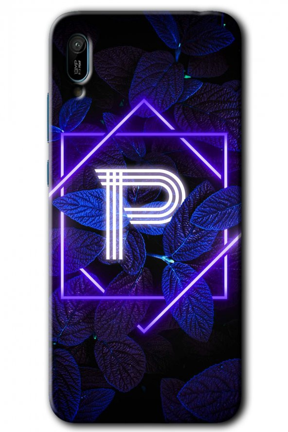 Huawei Y6 2019 Kılıf HD Desen Baskılı Arka Kapak - Dark Neon Yaprak P Harfi