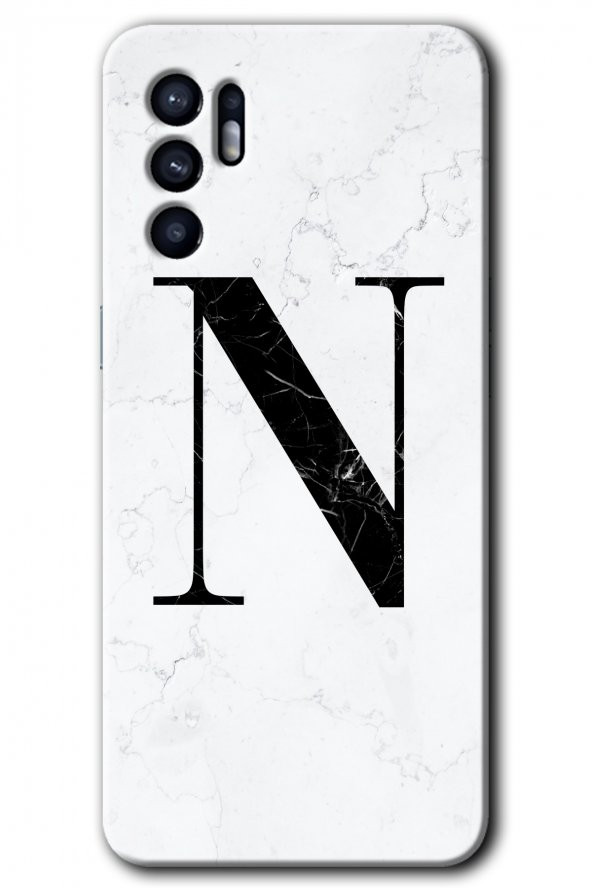 Oppo Reno 6 Kılıf HD Desen Baskılı Arka Kapak - Beyaz Mermer Desenli N Harfi - 1