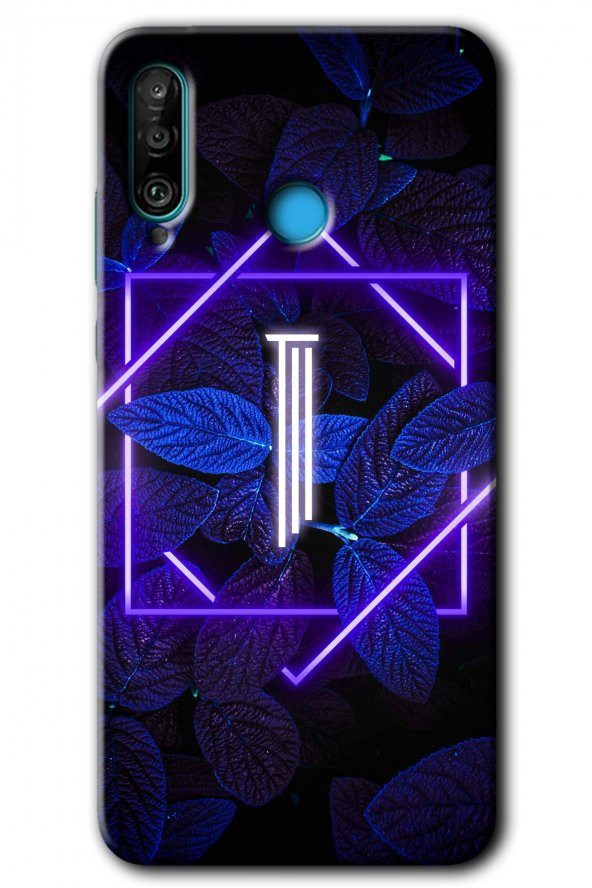 Huawei P30 Lite Kılıf HD Desen Baskılı Arka Kapak - Dark Neon Yaprak I Harfi