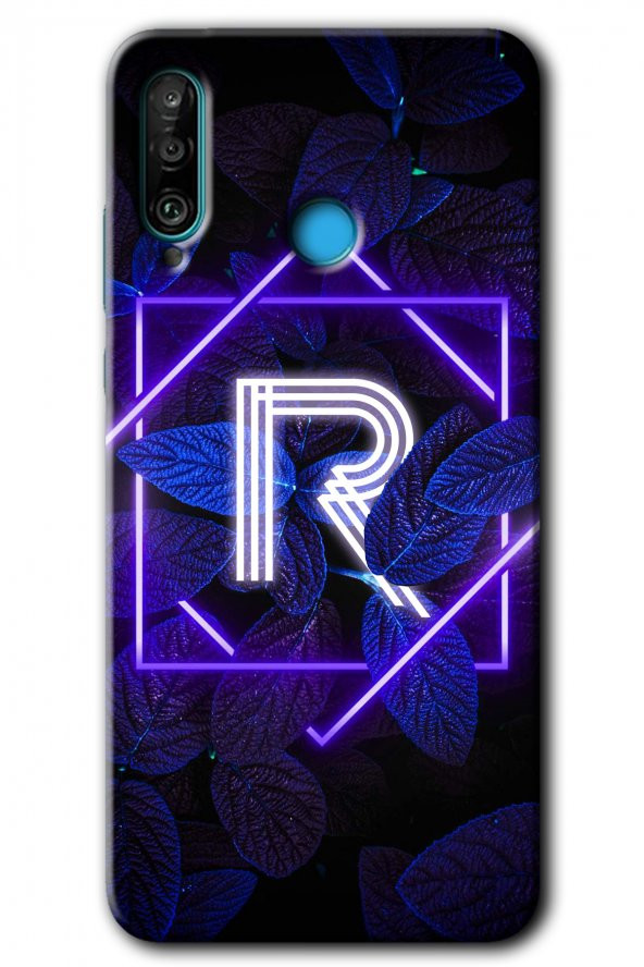 Huawei P30 Lite Kılıf HD Desen Baskılı Arka Kapak - Dark Neon Yaprak R Harfi