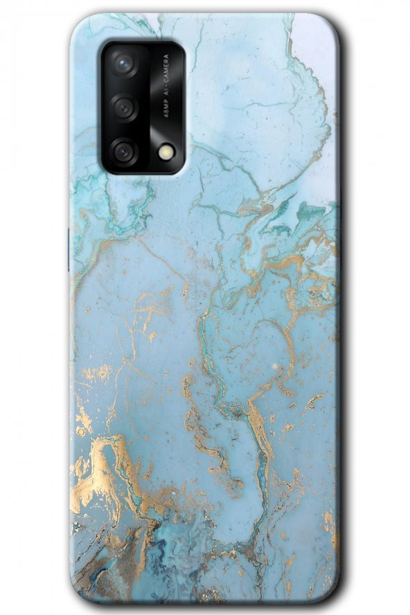 Oppo A54 Kılıf HD Desen Baskılı Arka Kapak - Mavi Gold Mermer