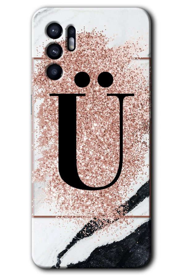 Oppo Reno 6 Kılıf HD Desen Baskılı Arka Kapak - Pembe Mermer Desenli Ü Harfi - 1