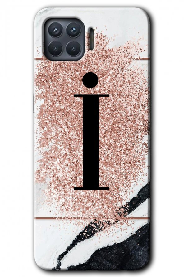 Oppo Reno 4 Lite Kılıf HD Desen Baskılı Arka Kapak - Pembe Mermer Desenli İ Harfi - 1