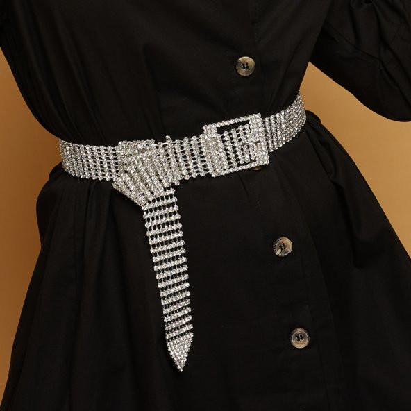 Furtek Aksesuar Kadın Gümüş Kaplama 8 Sıra Taşlı Tokalı Model Metal 105 Cm Bayan Elbise Kemeri