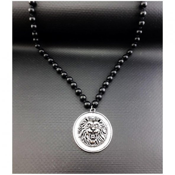 Siyah Oniks Doğal Taş Aslan Başı Kolye