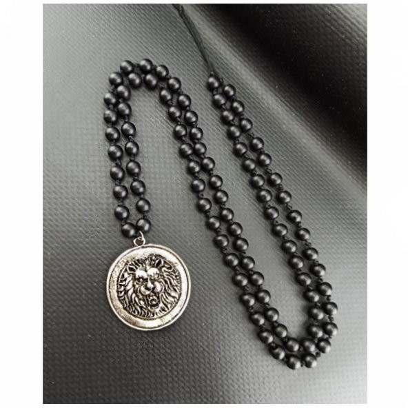 Siyah Oniks Doğal Taş Aslan Başı Kolye - 2