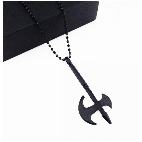 Mat Siyah Renk Top Zincir Erkek Savaşcı Baltası Kolye - 2