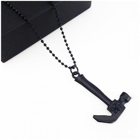 Mat Siyah Renk Top Zincir Erkek Çekiç Kolye - 2