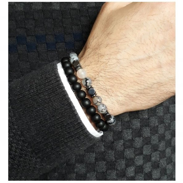 Fasetli Kesim Akik - Hematit - Oniks Erkek Doğal Taş Bileklik - 3