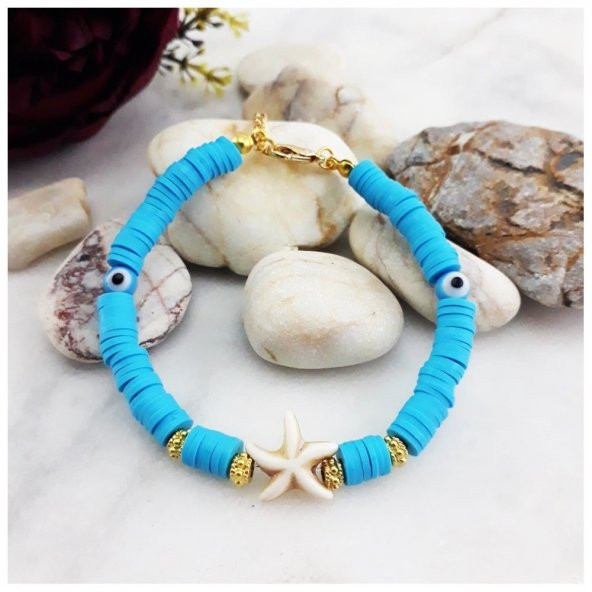 Altın Kaplama Nazar Boncuklu Kadın Mavi Fimo Bileklik