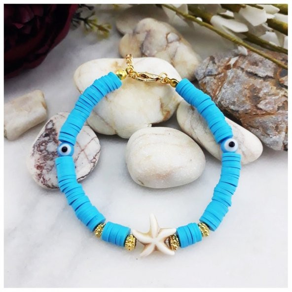 Altın Kaplama Nazar Boncuklu Kadın Mavi Fimo Bileklik - 2