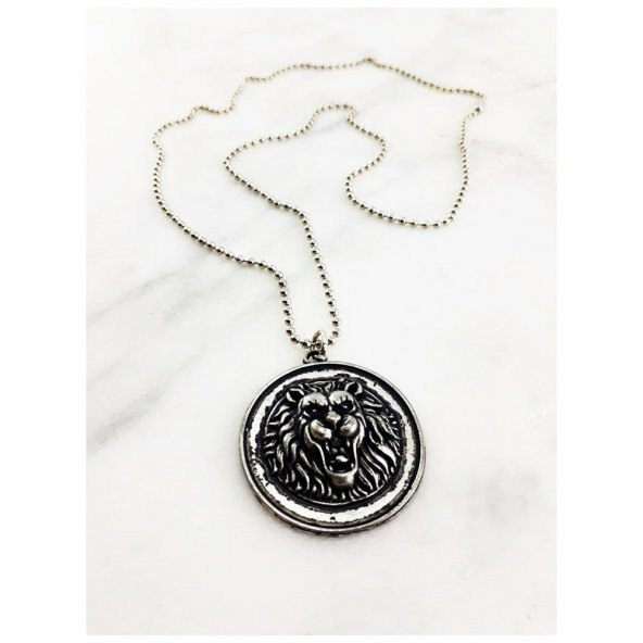 Gümüş Renk Erkek Aslan Başı Kolye - 2
