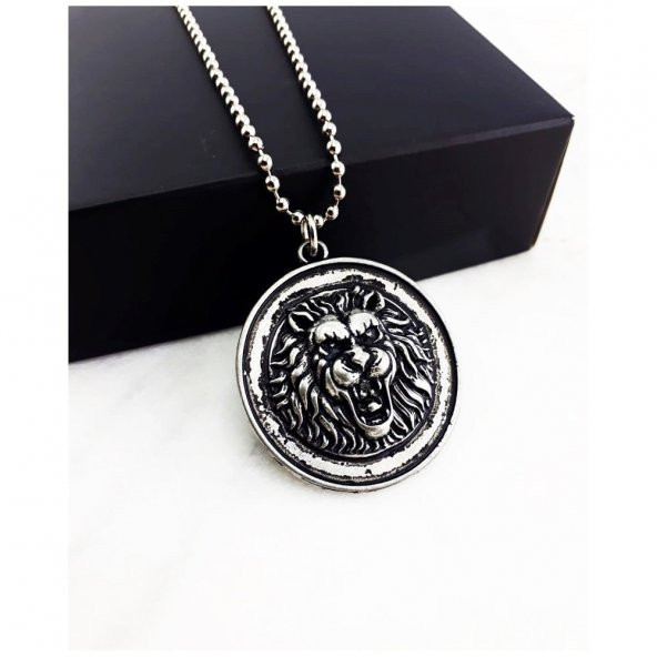 Gümüş Renk Erkek Aslan Başı Kolye - 5