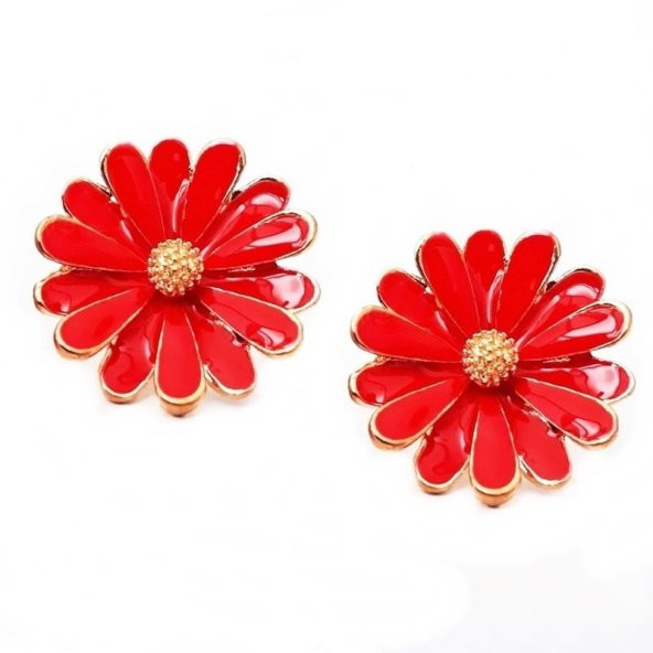 Altın Kaplama Kadın Kırmızı Papatya Küpe - 3