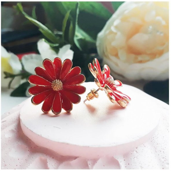 Altın Kaplama Kadın Kırmızı Papatya Küpe - 2