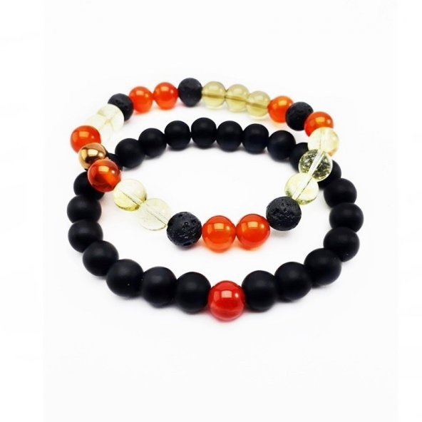 Sitrin-Kuvars-Hematit-Lav Taşı-Oniks- Akik Doğal Taş İkili Erkek Doğal Taş Bileklik - 2