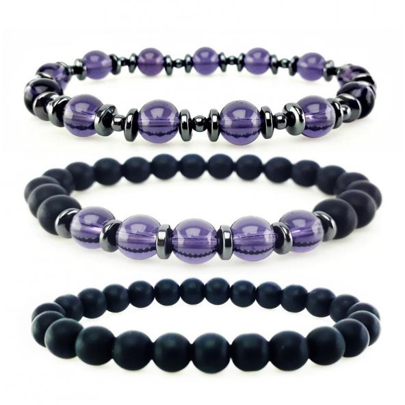 Mor Kuvars & Hematit & Oniks Üçlü Doğal Taş Erkek Bileklik
