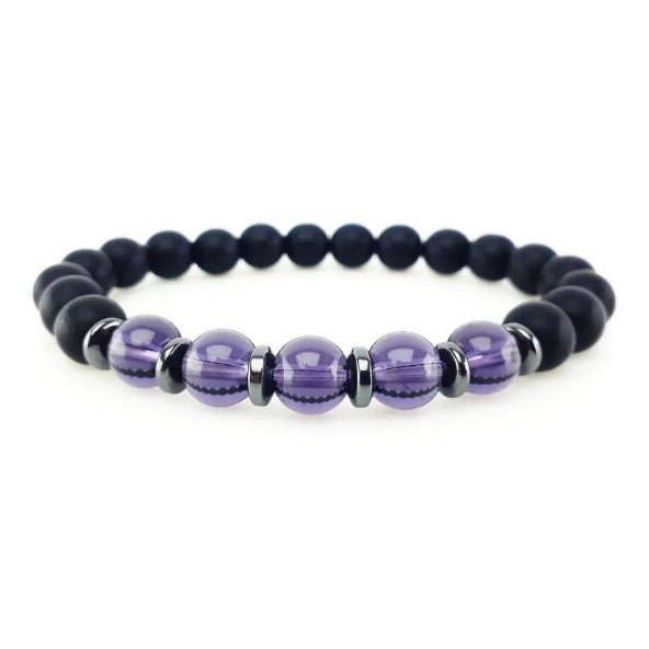Mor Kuvars & Hematit & Oniks Üçlü Doğal Taş Erkek Bileklik - 3