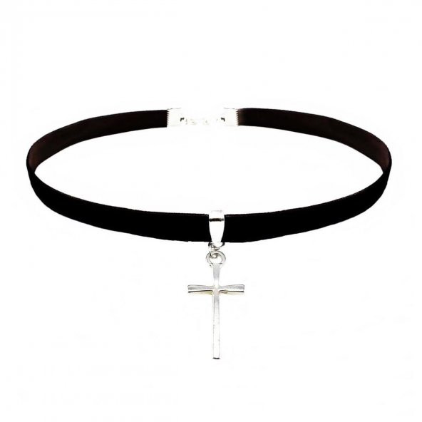 Siyah Kadife Kadın Haç Choker Kolye