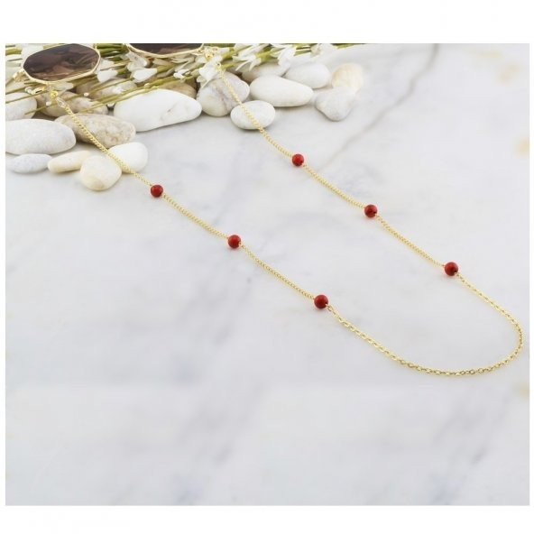 Kırmızı Renk Turkuaz Doğal Taş Kadın Gözlük Zinciri - 2