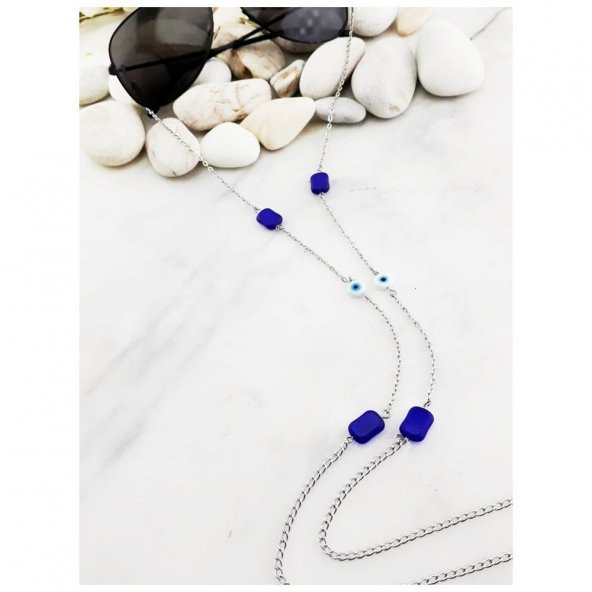 Mavi Kristal Taş Kadın Nazar Boncuklu Gözlük Zinciri - 4