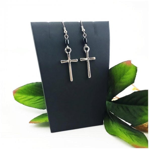 Oniks Doğal Taşlı Kadın Haç Küpe