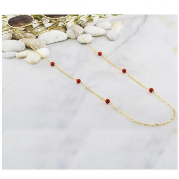 Kırmızı Renk Turkuaz Doğal Taş Kadın Gözlük Zinciri - 4