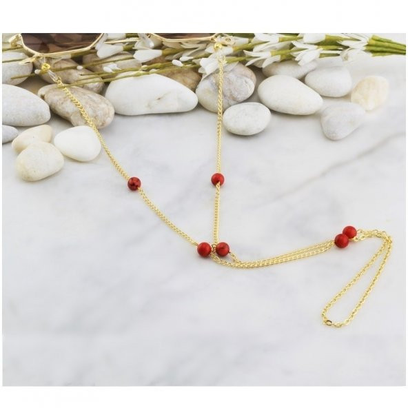 Kırmızı Renk Turkuaz Doğal Taş Kadın Gözlük Zinciri - 3